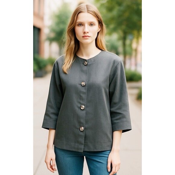 What’s Up Gray 100% Linen Button Front Boxy Top Blouse Size Small Lagenlook - Picture 1 of 7